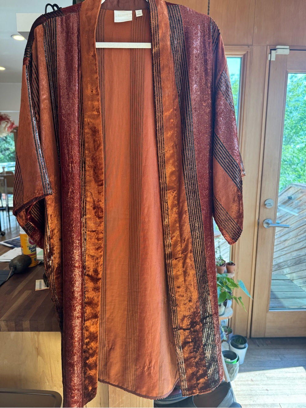 Anthropologie Rust Brown Striped Velvet Duster/Kimono w/ Pockets - Picture 2 of 13